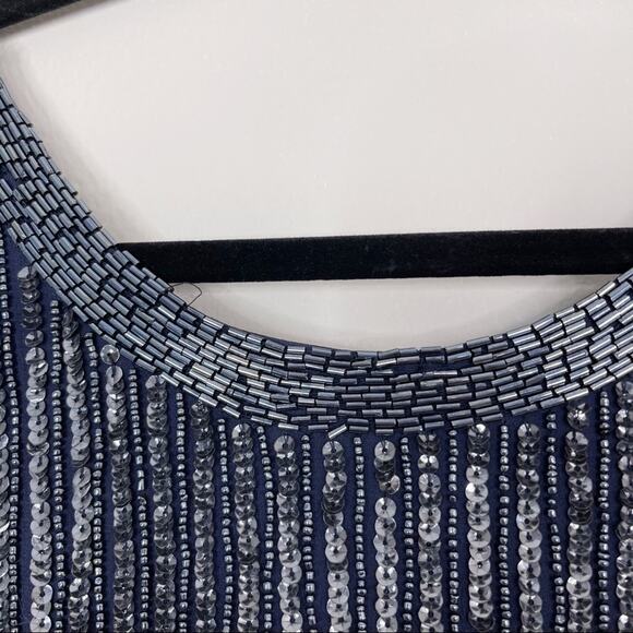 Cache 0 Sequin Silk Drop Waist Scoop Back Dress Navy Blue Cocktail Black Tie - Picture 4 of 11